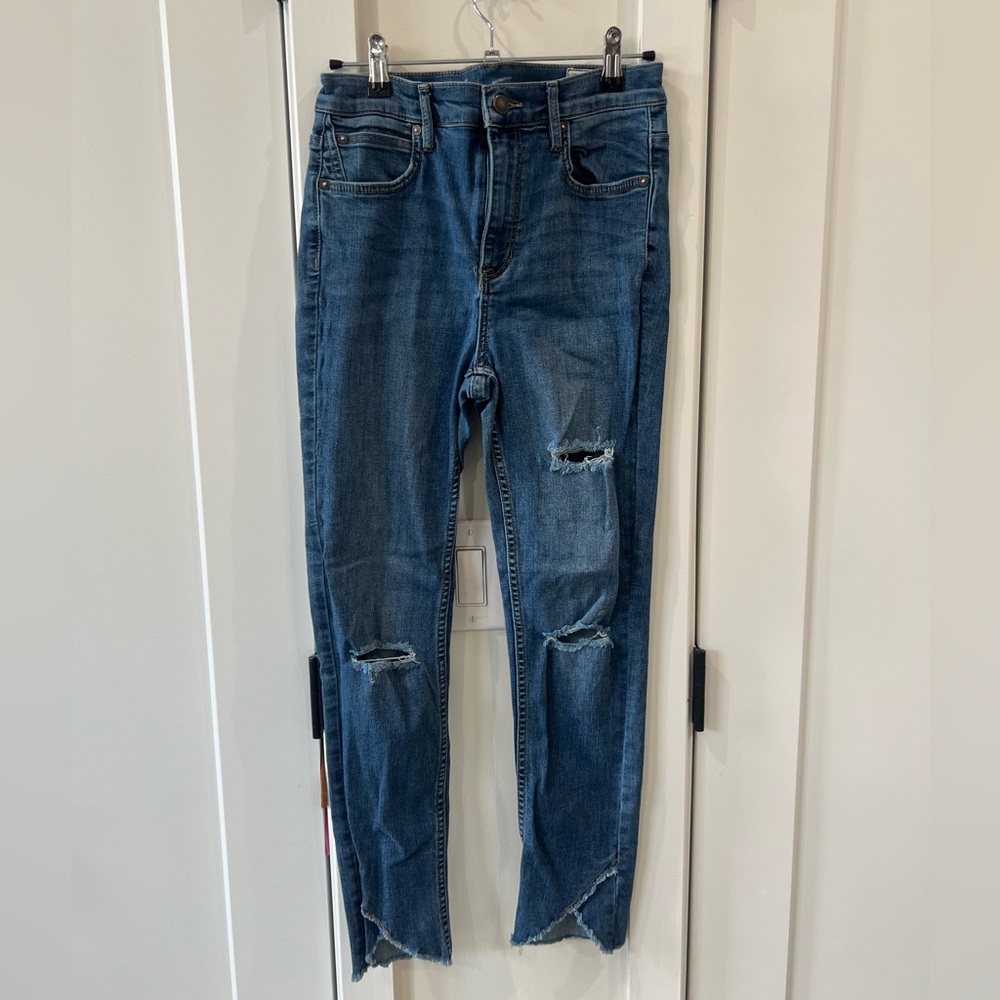 Free People | Blue Denim Distressed Raw Hem Skinny Jean